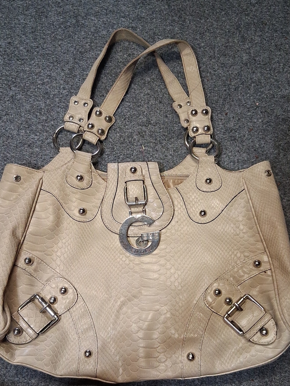Cream Textured Tote Handbag with Silver Hardware
